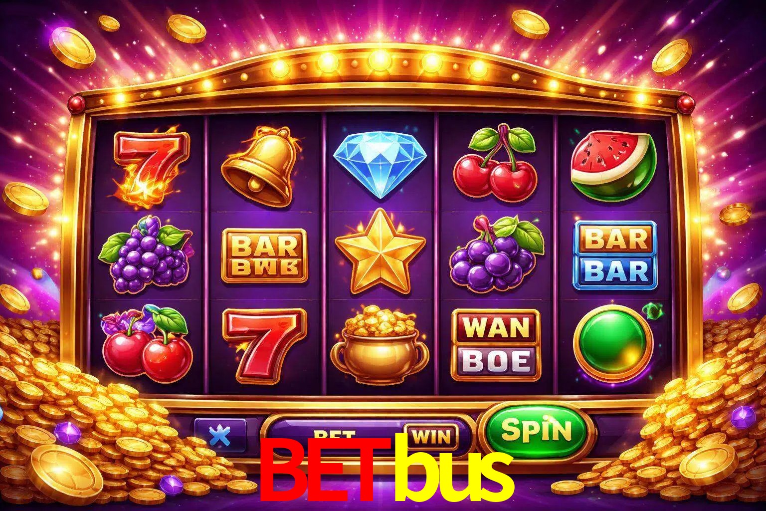 Una interfaz colorida de tragamonedas en línea con símbolos brillantes, monedas y un efecto de victoria celebratoria en Betbus.