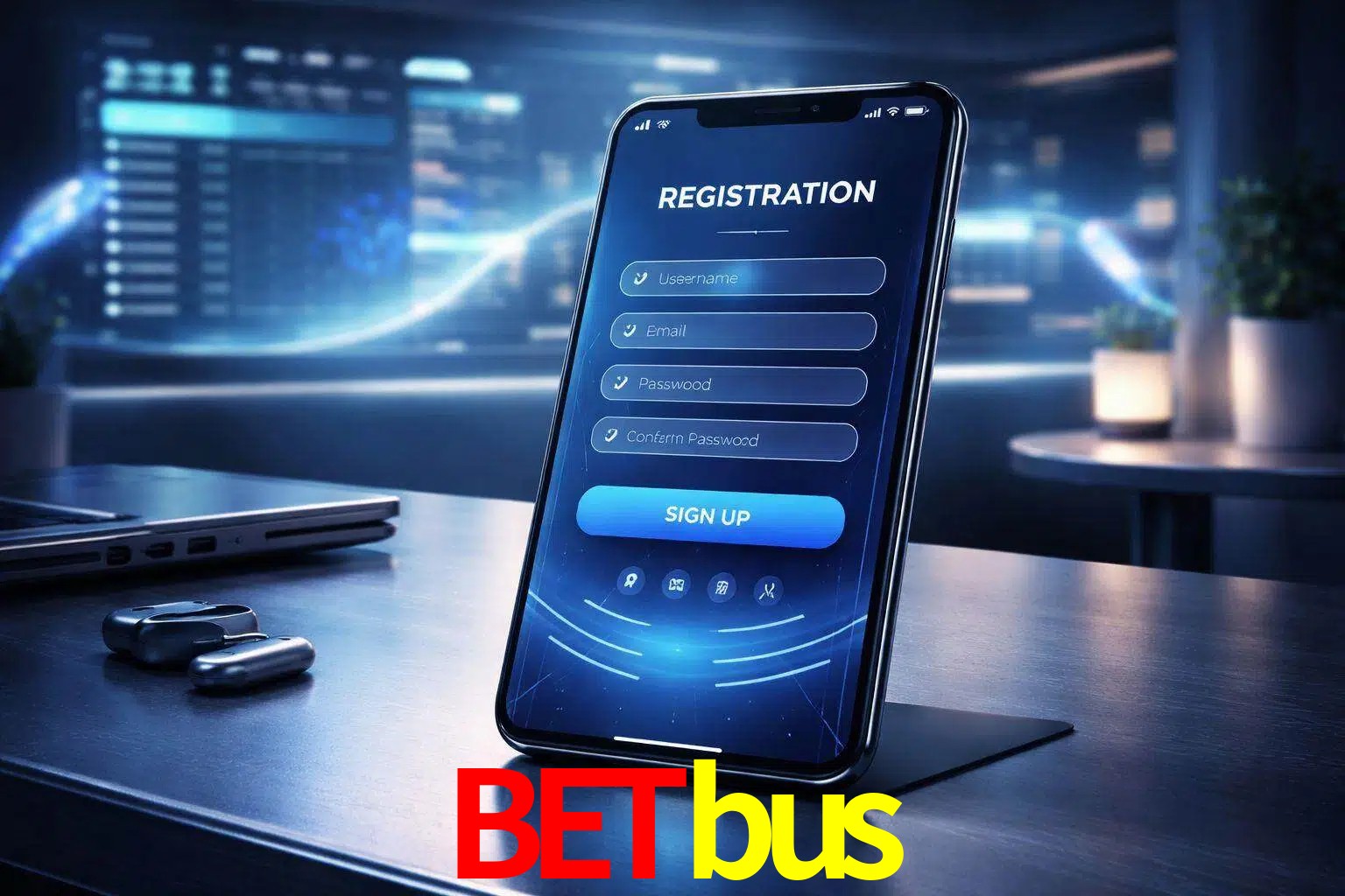 Una interfaz moderna de registro móvil para Betbus mostrada en un smartphone con un panel de apuestas elegante.